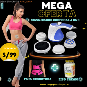 Masajeador Corporal 4 cabezales en Caja (Adelgaza/ Tonifica Y Reafirma) + Lipo CREAM + Faja doble cinturón TODO por s/99